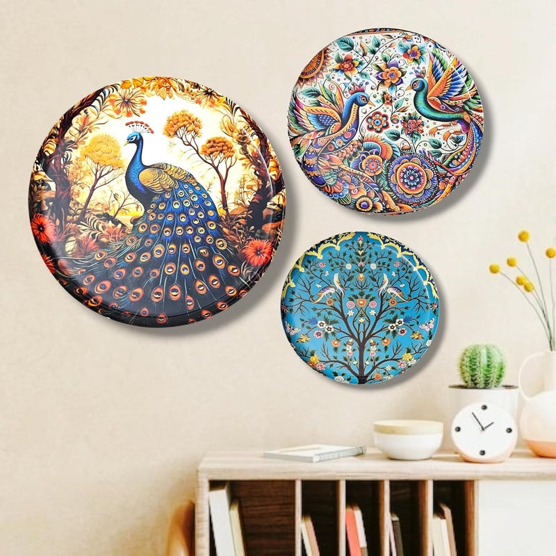 Noblenest 3 Pcs Madhubani Metal Wall Plates 12 10 8 Inch Wall Decoration Items For Living Room Bedroom Office Wall Decor Gift Items Wall Hanging Decorations - Image 1