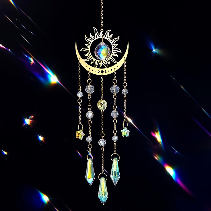 HaiFafafaing Crystal Sun Catcher, Sun and Moon Rainbow Maker with Chains, Hanging Indoor Outdoor Prism Decor for Windows Garden Car, Christmas Mother’s Day Valentines - Image 3
