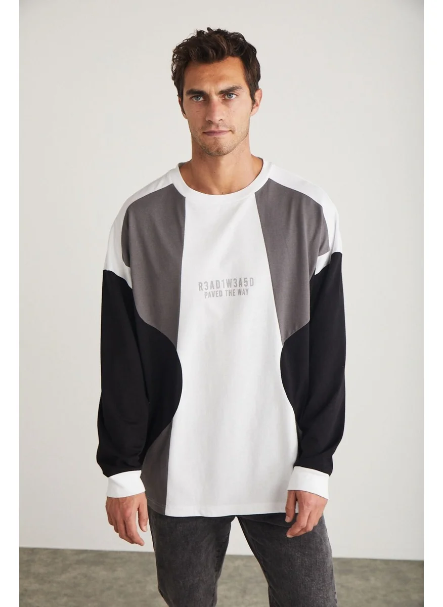 جريميلانج Melvin Men's Crew Neck Printed Detail Long Sleeve White Sweatshirt
