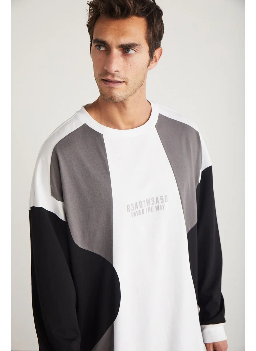 جريميلانج Melvin Men's Crew Neck Printed Detail Long Sleeve White Sweatshirt