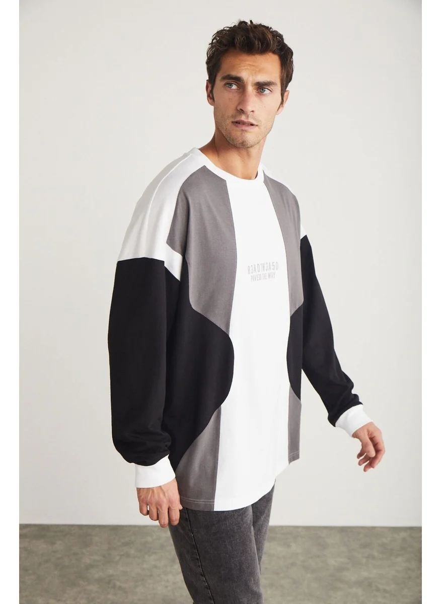 جريميلانج Melvin Men's Crew Neck Printed Detail Long Sleeve White Sweatshirt