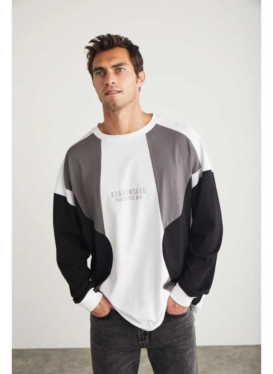 جريميلانج Melvin Men's Crew Neck Printed Detail Long Sleeve White Sweatshirt