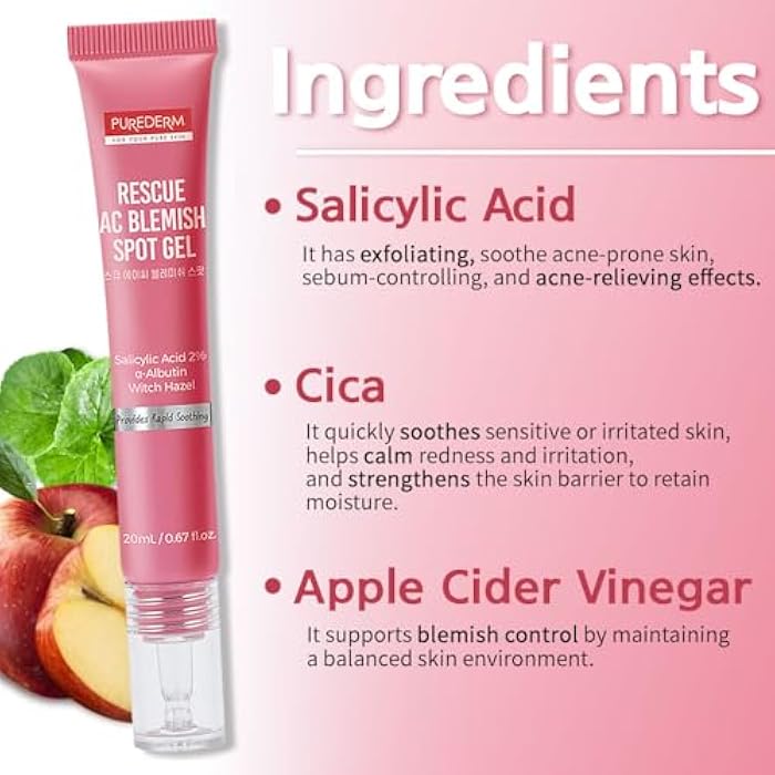 Purederm Blemish Spot Treatment Gel with Salicylic Acid 2%, Soothing Acne Care for Irritated Skin, Day & Night Use, 20ml - Image 2
