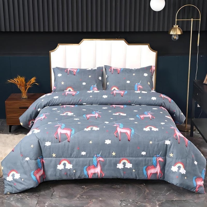 SDIII 3PCS Gray Unicorn Comforter Set Twin Soft Microfiber Lightweight Twin Girls Comforter Princess Unicorn Bedding Quilt for Girls Kids and Teens