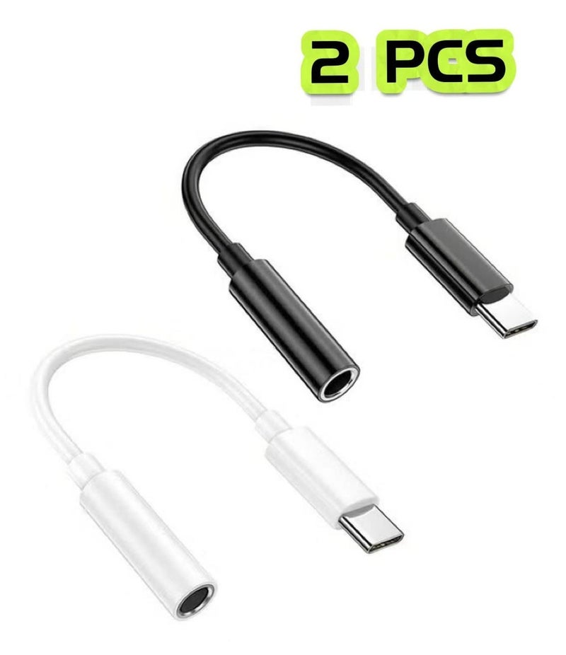 قطعتان من محول USB Type-C إلى مقبس سماعة رأس 3.5 ملم لآيفون 16/15 وسلسلة iPad Pro وHTC وMoto وسامسونج Galaxy S25 S24 S23 Ultra وجوجل Pixel (أبيض/أسود) - Image 1