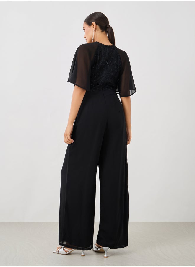 Styli Embellished Flutter Sleeve Wide Leg Jumpsuit  - Image 4