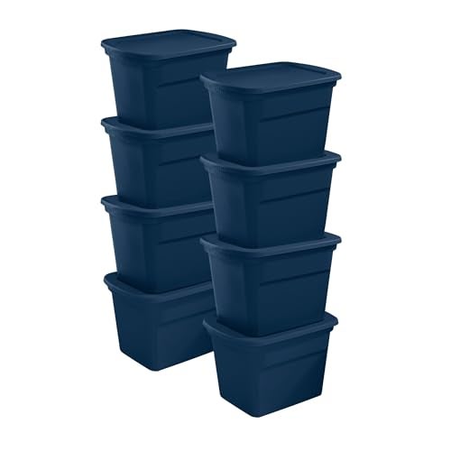Sterilite 8Pack Plastic Storage Bins 18 Gallon Tote Containers with Lids Marine Blue
