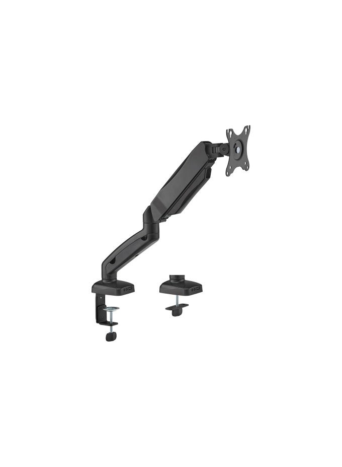 نيوستار حامل شاشة نيوستار بنابض مساعد لشاشات 17-32 بوصة (2-9 كجم)، حركة كاملة إمالة ودوران ±90°، تدوير 180°، امتداد حتى 450 مم، متوافق VESA 75×75 & 100×100، تثبيت على المكتب بمشبك وجروميت، أسود مطفي - Image 1