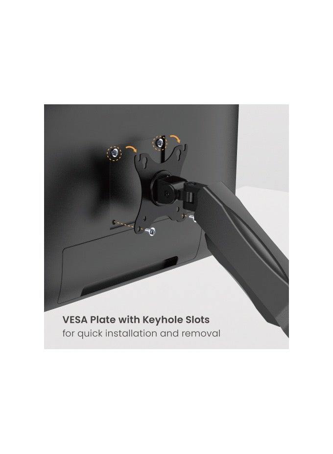 نيوستار حامل شاشة نيوستار بنابض مساعد لشاشات 17-32 بوصة (2-9 كجم)، حركة كاملة إمالة ودوران ±90°، تدوير 180°، امتداد حتى 450 مم، متوافق VESA 75×75 & 100×100، تثبيت على المكتب بمشبك وجروميت، أسود مطفي - Image 3