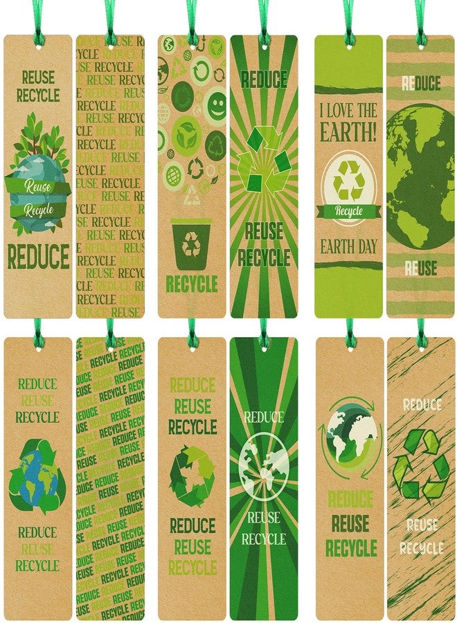 Engrowtic 120 Pcs Earth Day Bookmarks Bulk with Hole Ribbon Recycle Reduce Reuse Activity Kraft Paper Bookmarks for Kids Students Book Lovers Educational Learning Activities - Image 1