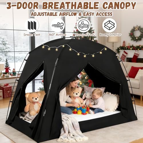 jiangcha Bed Tents for Kids and Adults, Portable 100% Breathable and 93% Blackout Dream Play Tent, 3 Doors Big Privacy Space Sleeping Canopy for Floor or Twin Full Queen Sizes Bed (Black, Full-Size) - Image 2