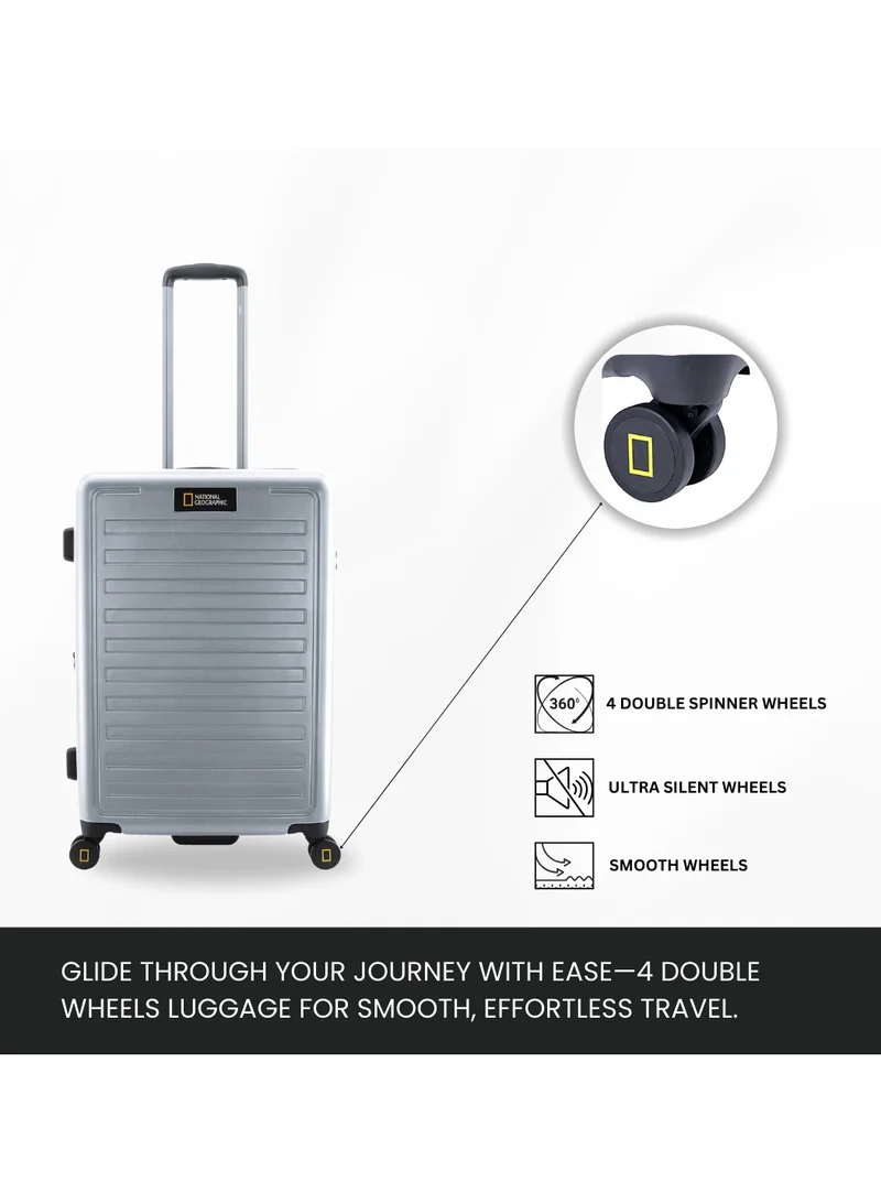 NATIONAL GEOGRAPHIC National Geographic Cruise 100% PC Hardshell Carry-On Small Cabin Business Suitcase Silver, Durable Lightweight  TSA Combination Lock Travel Luggage, 4 Quite Spinner Wheel Trolley Bag (20 Inch).