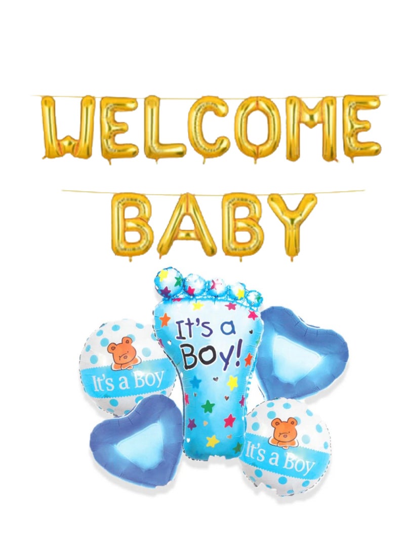 لافتة ترحيب بالمولود الجديد مع بالونات من رقائق معدنية زرقاء لحفل الكشف عن جنس المولود الجديد وحفل استقبال المولود - Image 1