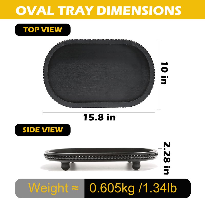 SYNCVIBE Wooden Decorative Tray for Home Decor, Beaded Black Oval Tray Decor for Coffee Table, Rustic Wood Serving Trays Farmhouse Centerpieces for Living Room Kitchen Counter (Black Oval) - Image 3