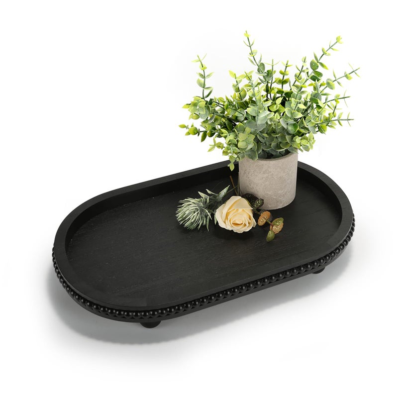 SYNCVIBE Wooden Decorative Tray for Home Decor, Beaded Black Oval Tray Decor for Coffee Table, Rustic Wood Serving Trays Farmhouse Centerpieces for Living Room Kitchen Counter (Black Oval) - Image 1