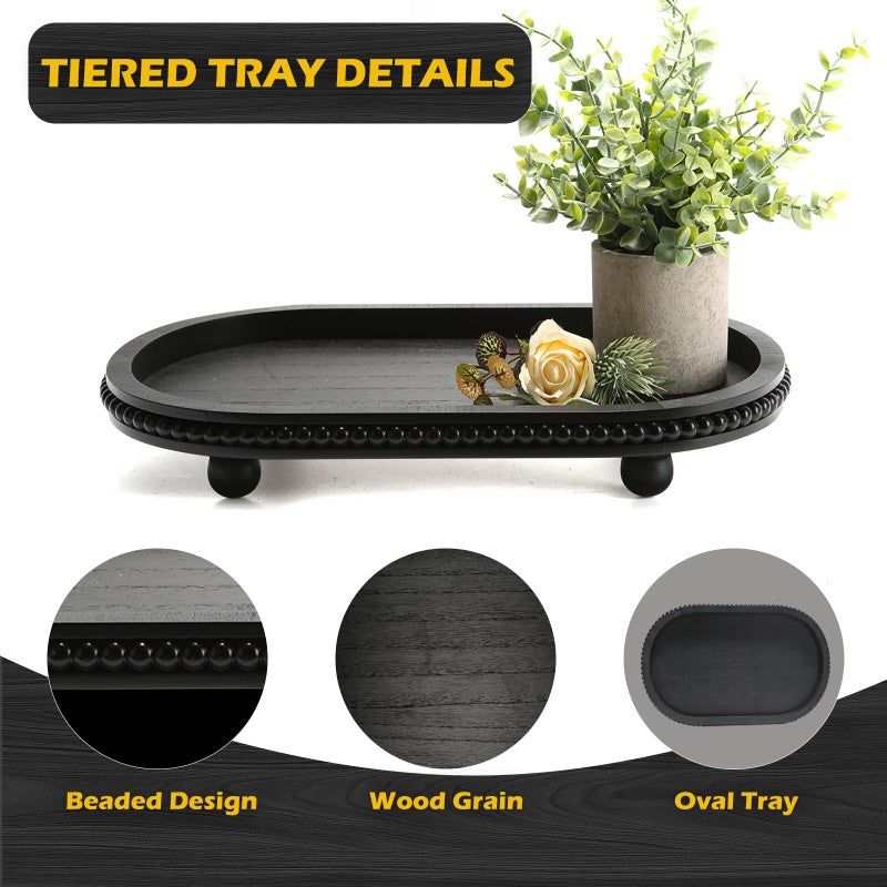 SYNCVIBE Wooden Decorative Tray for Home Decor, Beaded Black Oval Tray Decor for Coffee Table, Rustic Wood Serving Trays Farmhouse Centerpieces for Living Room Kitchen Counter (Black Oval) - Image 2