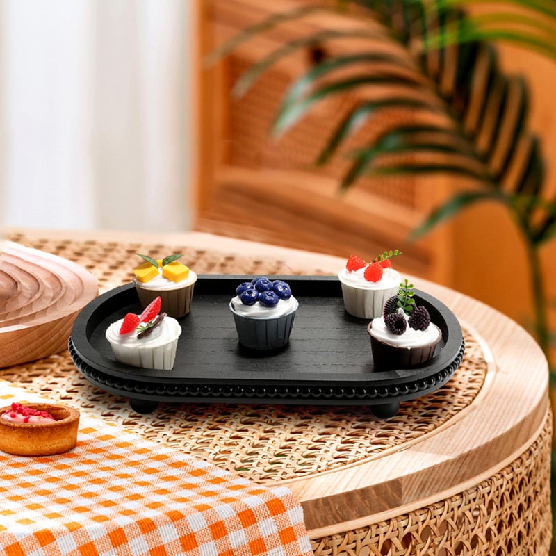 SYNCVIBE Wooden Decorative Tray for Home Decor, Beaded Black Oval Tray Decor for Coffee Table, Rustic Wood Serving Trays Farmhouse Centerpieces for Living Room Kitchen Counter (Black Oval) - Image 4