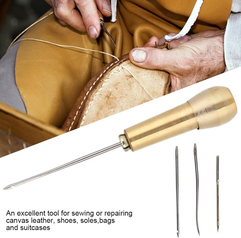 klarako Copper Handle Sewing Awl, 2 Set Leather Craft Sewing Needle Awl Hand Stitcher Shoe Repair Tool for DIY Sewing Repairing Leather Canvas Bag Heavy Fabric - Image 2