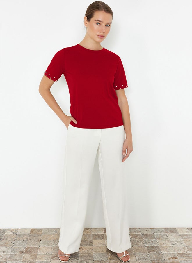 trendyol Regular Fit Knitted T-Shirt with Red Stone Accessory Detail - Image 3
