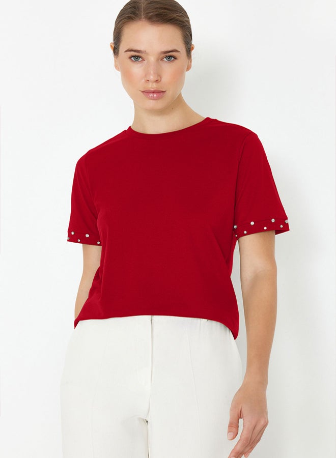 trendyol Regular Fit Knitted T-Shirt with Red Stone Accessory Detail - Image 1
