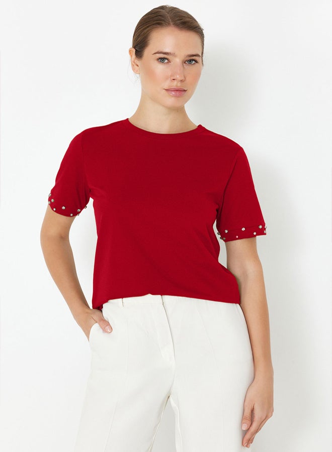 trendyol Regular Fit Knitted T-Shirt with Red Stone Accessory Detail - Image 2