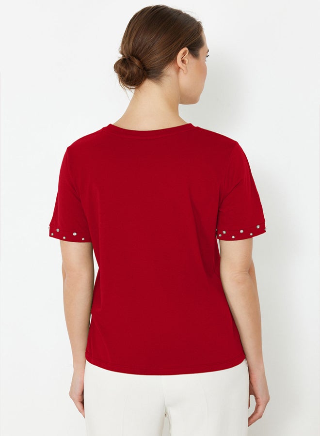 trendyol Regular Fit Knitted T-Shirt with Red Stone Accessory Detail - Image 5
