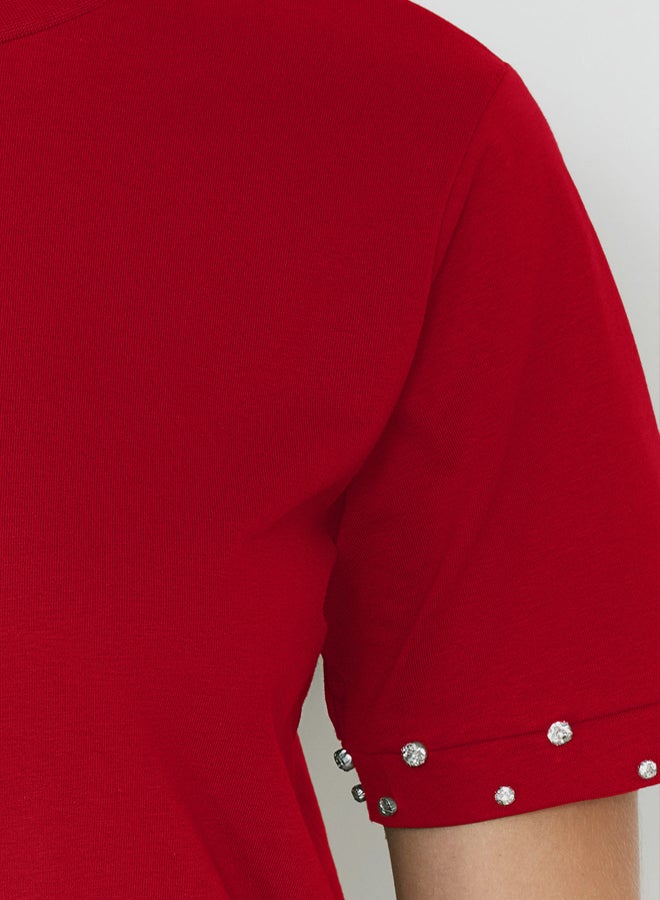 trendyol Regular Fit Knitted T-Shirt with Red Stone Accessory Detail - Image 4
