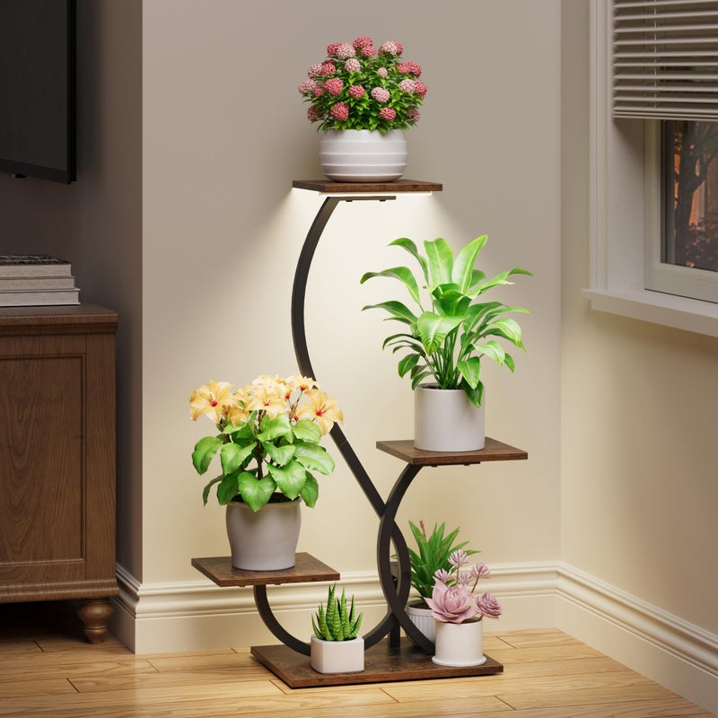 BACEKOLL Plant Stand Indoor with Grow Lights - S-Shaped Plant Shelf, Lighted Corner Plant Stands for Indoor Growing, 32" Metal Flower Holder, 4 Tiered Decorative Shelves for Home, Hallway, Black - Image 1