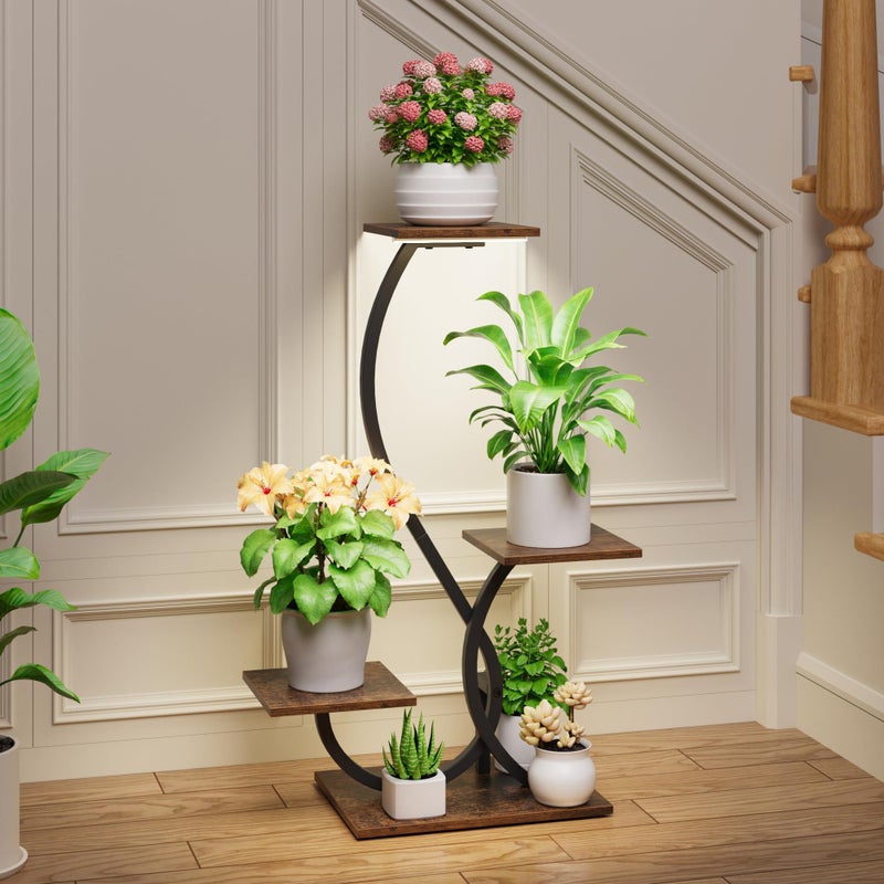 BACEKOLL Plant Stand Indoor with Grow Lights - S-Shaped Plant Shelf, Lighted Corner Plant Stands for Indoor Growing, 32" Metal Flower Holder, 4 Tiered Decorative Shelves for Home, Hallway, Black - Image 4