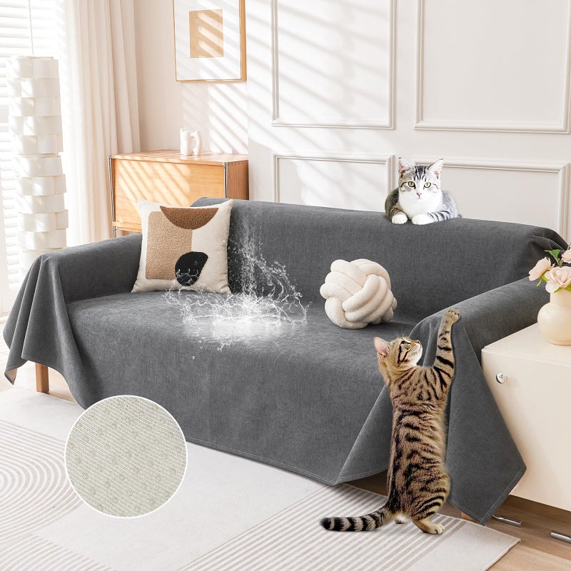 DEEPDREAM Deep Dream Waterproof Couch Cover for 3 Cushion Couch, Cat-Scratch Resistant Sofa Cover, Pet Friendly Anti Slip Sofa Slipcovers Washable Furniture Covers for Dogs Cats, 91" x 134", Grey - Image 1