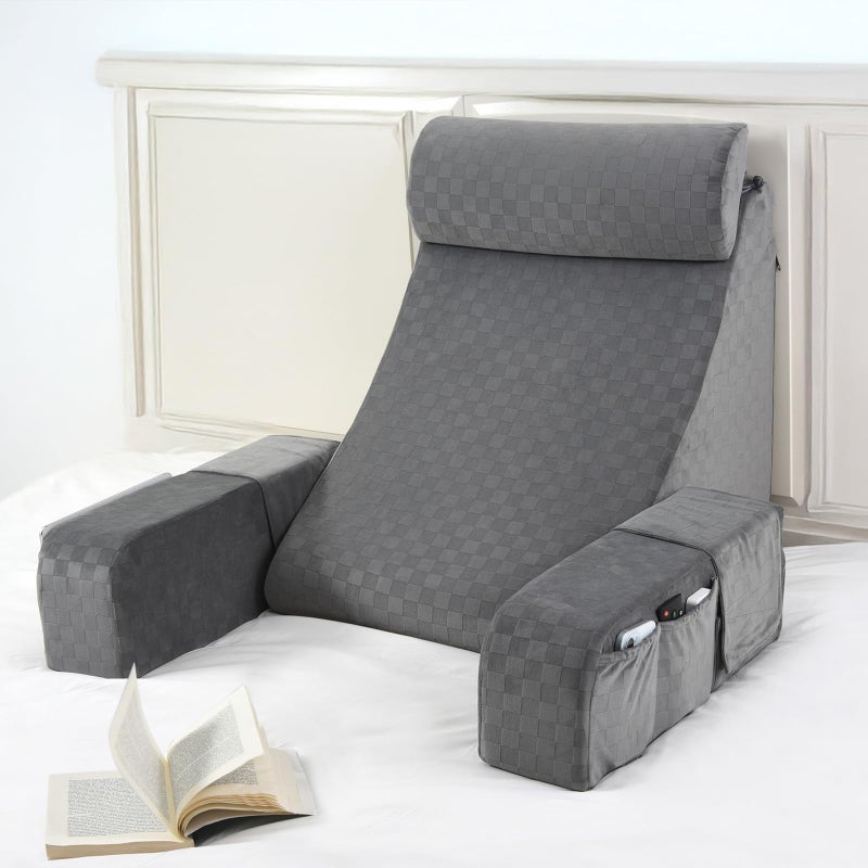 Vekkia 21 Reading Pillow with Arms and Headrest Tall Back Support Cushion for Adults MultiDensity Foam Removable Cover XL Side Pockets for Reading TV Gaming in Bed Floor 21Grey