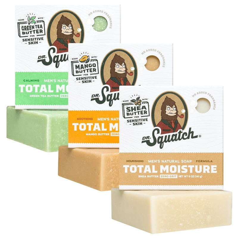 Dr. Squatch Dr Squatch NEW Total Moisture Mens Bar Soap  3Pack Unscented Shea Butter Mango Butter Green Tea Butter  No Added Fragrance  Nourish Smooth and Calm Skin  Formulated for Sensitive Skin
