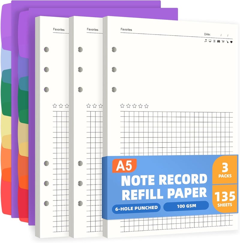 Antner A5 Refill Paper Planner Inserts for A5 6-Ring Binder, 135 Sheets 6-Hole Note Record Refills Blank&Grid Loose Leaf Filler Paper with Binder Dividers for Refillable Notebook, Journal, Sketchbook - Image 1