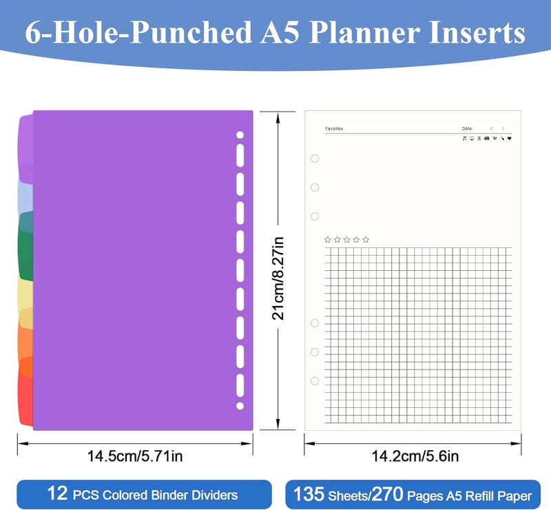 Antner A5 Refill Paper Planner Inserts for A5 6-Ring Binder, 135 Sheets 6-Hole Note Record Refills Blank&Grid Loose Leaf Filler Paper with Binder Dividers for Refillable Notebook, Journal, Sketchbook - Image 2