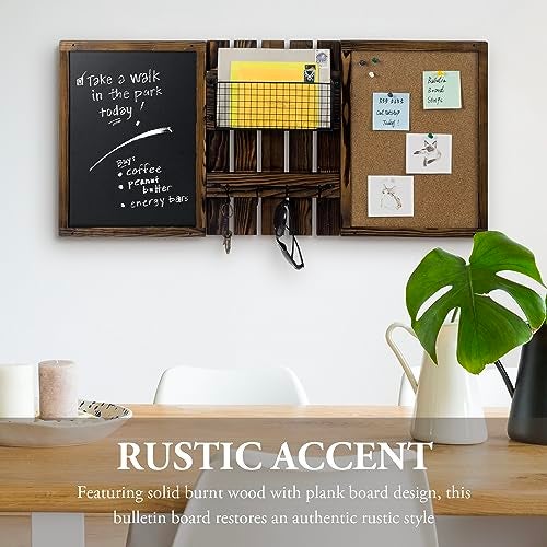 MyGift 3 Panel Wall Mounted Entryway Bulletin Board Combo Set with Rustic Burnt Solid Wood Frame with a Chalkboard Cork Board Black Metal Mail Basket and Hanging Rail - Image 3