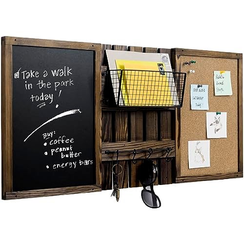 MyGift 3 Panel Wall Mounted Entryway Bulletin Board Combo Set with Rustic Burnt Solid Wood Frame with a Chalkboard Cork Board Black Metal Mail Basket and Hanging Rail - Image 1