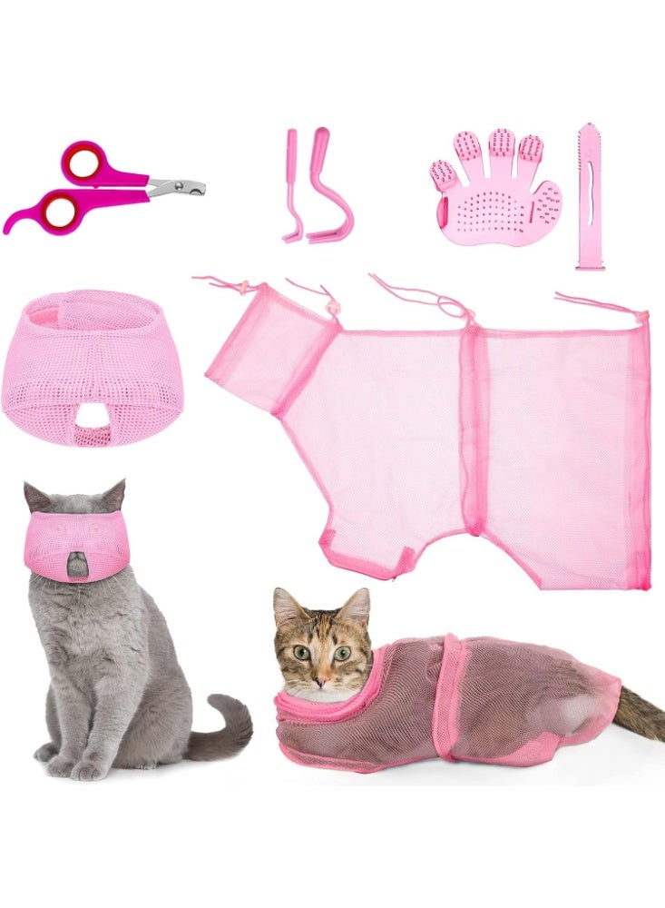 5 Pcs Cat Bathing Kit, Adjustable Bathing Bag, Shower Net, Muzzles, Nail Clipper, Tick Remover Tool, Massage Brush - Image 1