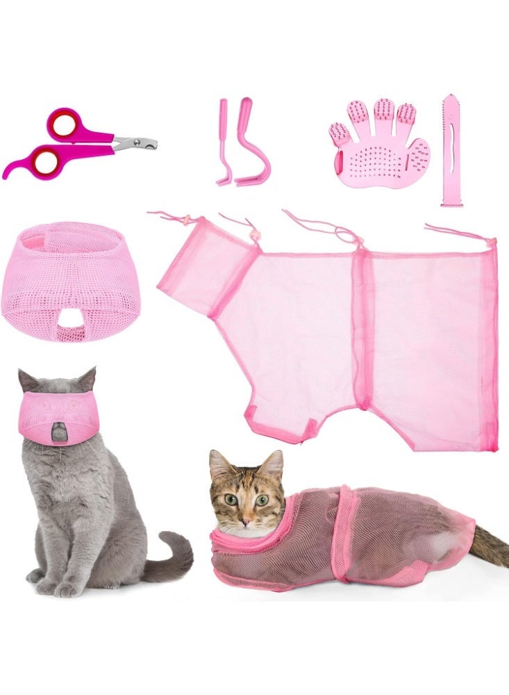 5 Pcs Cat Bathing Kit, Adjustable Bathing Bag, Shower Net, Muzzles, Nail Clipper, Tick Remover Tool, Massage Brush - Image 4