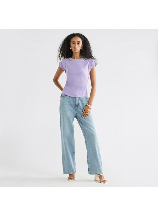 Splash FAV Embellished T-shirt with Round Neck and Cap Sleeves  - Image 2