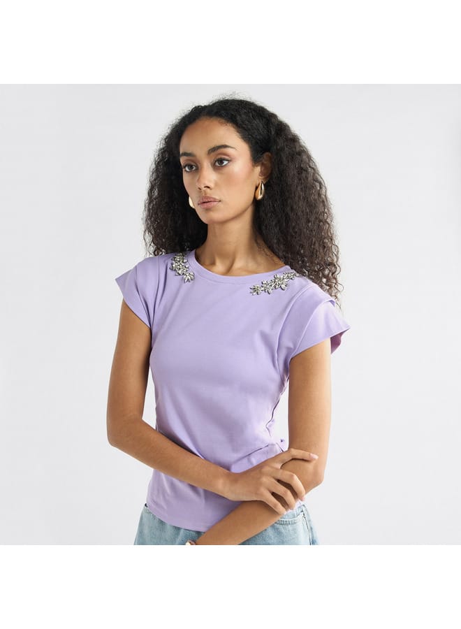 Splash FAV Embellished T-shirt with Round Neck and Cap Sleeves  - Image 1