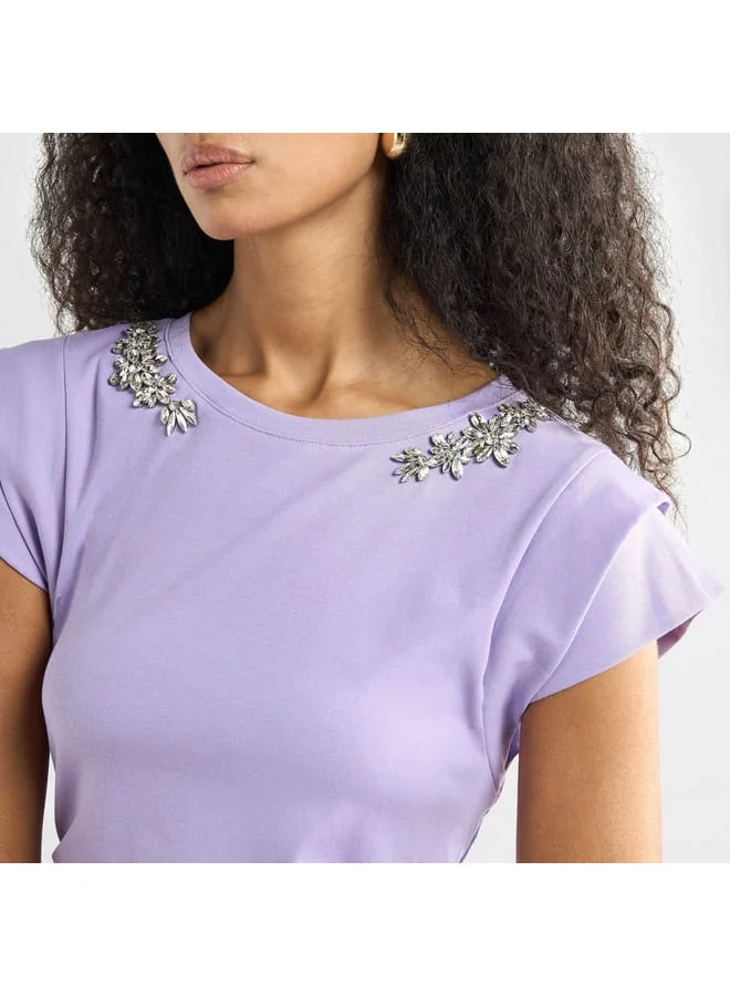 Splash FAV Embellished T-shirt with Round Neck and Cap Sleeves