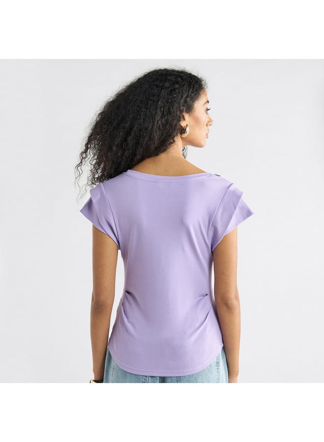 Splash FAV Embellished T-shirt with Round Neck and Cap Sleeves  - Image 3