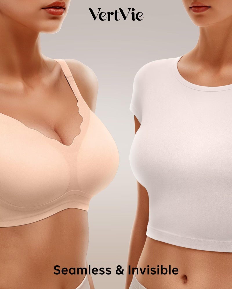 Vertvie Womens Seamless Bras No Underwire Supportive Wireless Push Up Full Coverage Bralette Comfort Scalloped T-Shirt Bra(Oatmilk Skin,Large) - Image 4