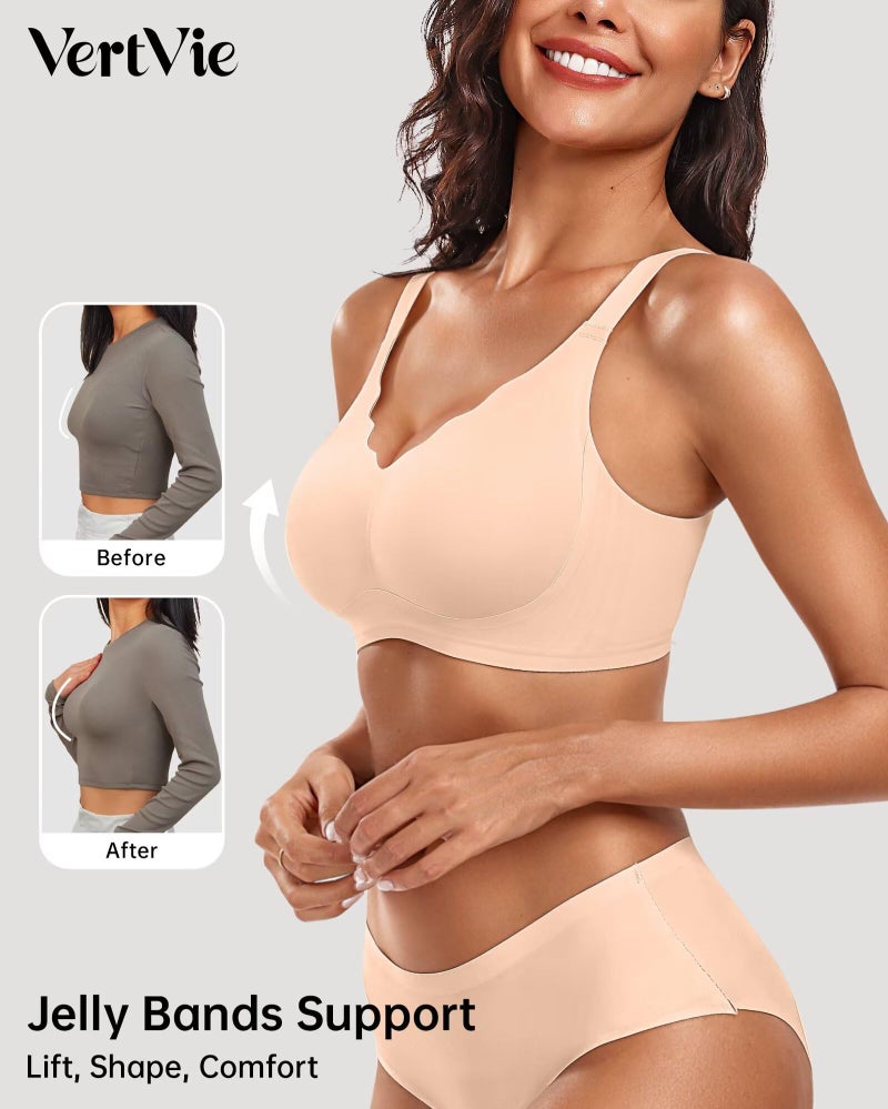 Vertvie Womens Seamless Bras No Underwire Supportive Wireless Push Up Full Coverage Bralette Comfort Scalloped T-Shirt Bra(Oatmilk Skin,Large) - Image 2