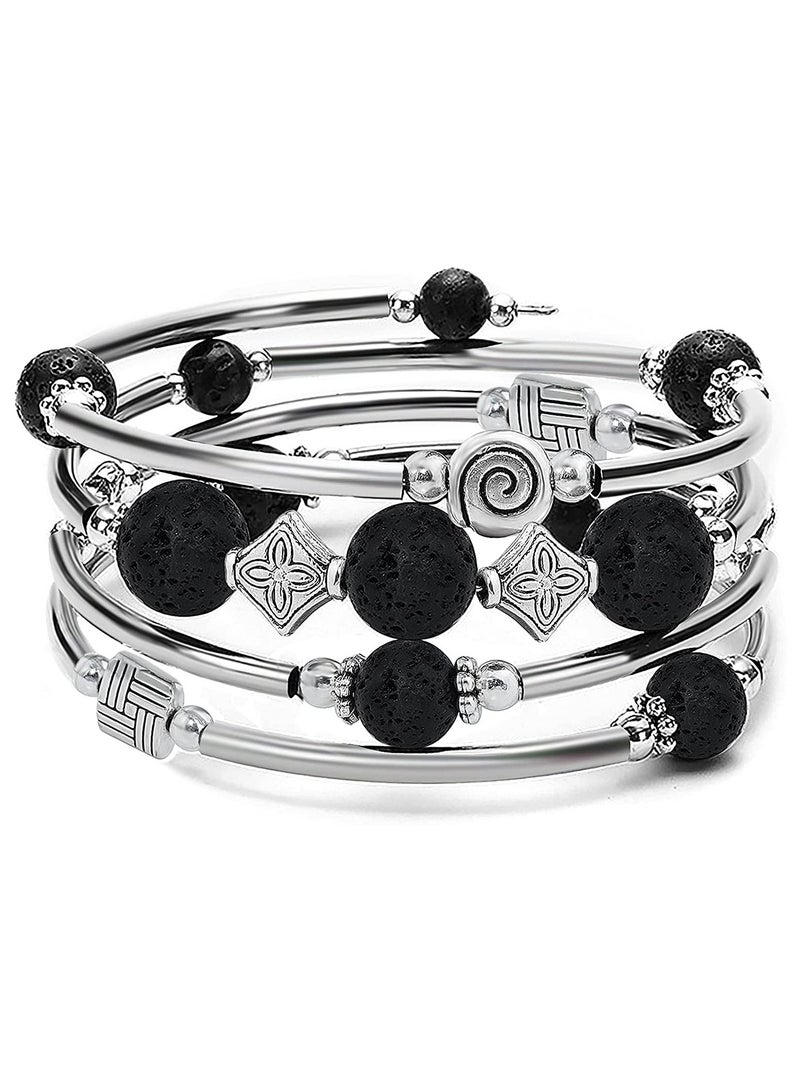 S SYMEFER Beaded Silver Bangle Wrap Bracelet for Her, Layered Bohemian Bracelets with Natural Stone, Jewellery Gifts for Women Ladies-Black - Image 1