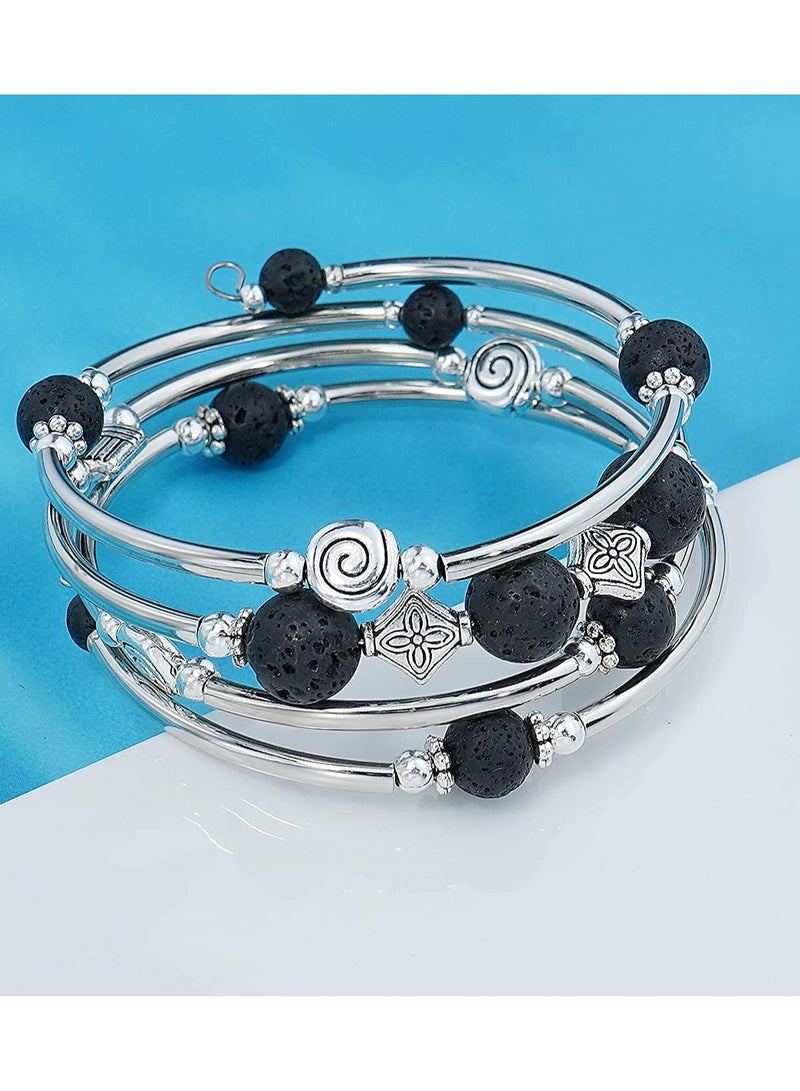S SYMEFER Beaded Silver Bangle Wrap Bracelet for Her, Layered Bohemian Bracelets with Natural Stone, Jewellery Gifts for Women Ladies-Black - Image 2