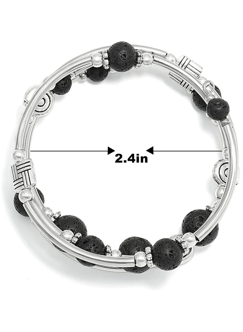 S SYMEFER Beaded Silver Bangle Wrap Bracelet for Her, Layered Bohemian Bracelets with Natural Stone, Jewellery Gifts for Women Ladies-Black - Image 3