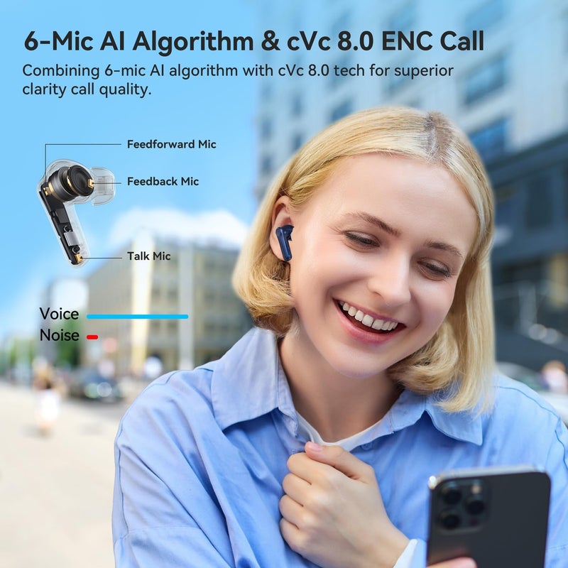إيرفن سماعات EarFun Air Pro 4 اللاسلكية بتقنية إلغاء الضوضاء التكيفي الهجين، Bluetooth، جائزة VGP Goal 2024، Qualcomm Snapdragon Sound، aptX™ Lossless، 6 ميكروفونات AI CVC للمكالمات، صوت عالي الدقة LDAC، 52 ساعة، أزرق ملكي - Image 5