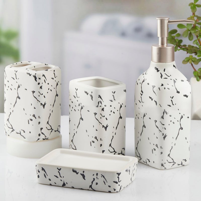 SaSaSa Ceramic Bathroom Accessories Set of 4 Modern Bath Set with Soap Dispenser & Toothbrush Holder, Luxury Home & Gift Idea, White (10445) - Image 3