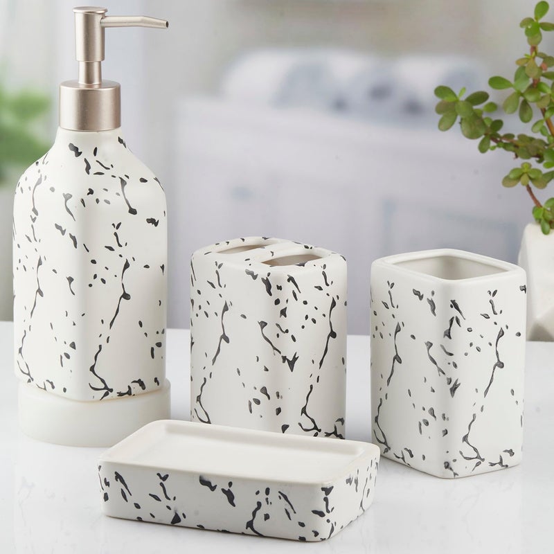 SaSaSa Ceramic Bathroom Accessories Set of 4 Modern Bath Set with Soap Dispenser & Toothbrush Holder, Luxury Home & Gift Idea, White (10445) - Image 1